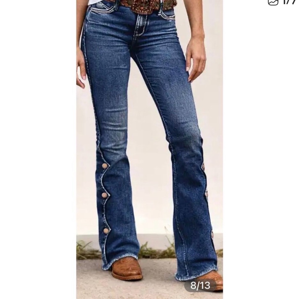 Women’s Dark Blue Flare Jeans with Side Button Detail